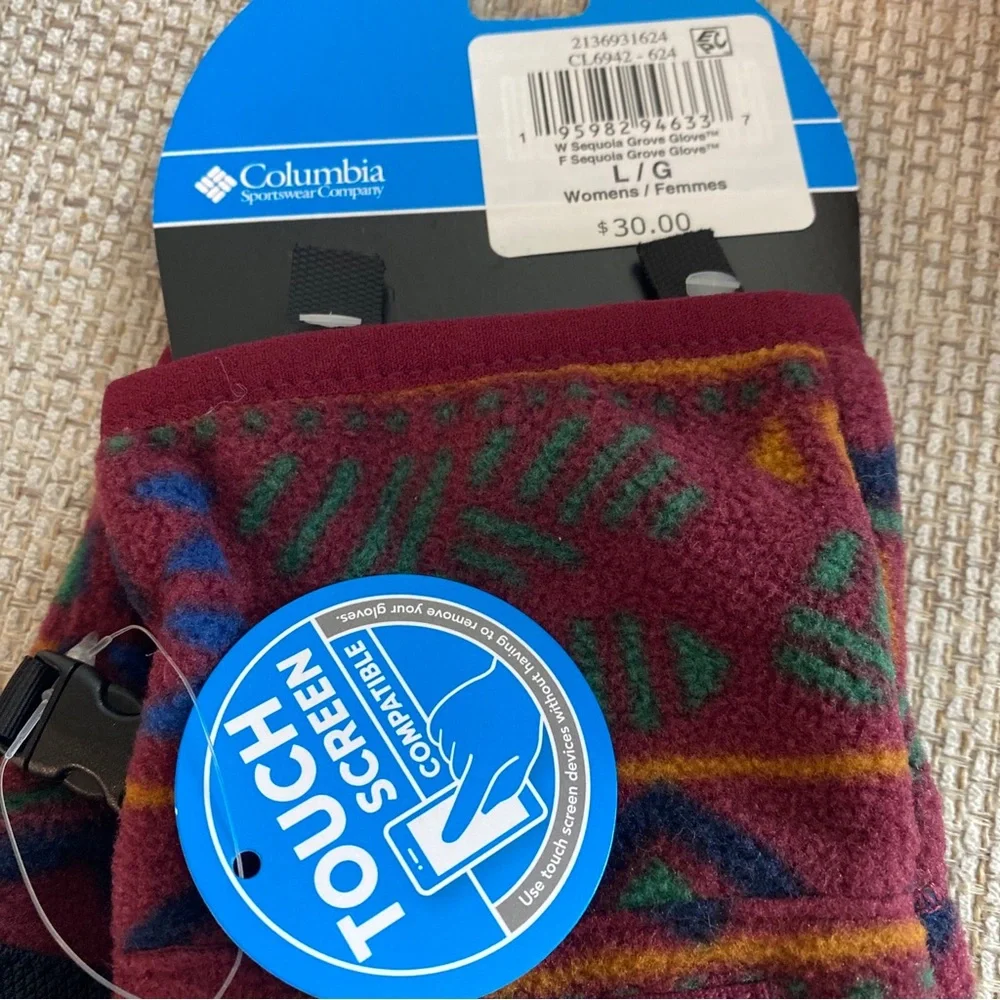 Columbia Patterned Fleece Gloves - Burgundy Multi L